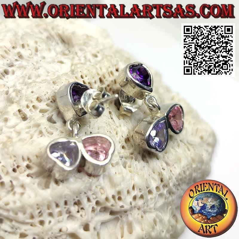 Boucles d'oreilles en argent, trio de cœurs en zircons colorés sur une monture lisse