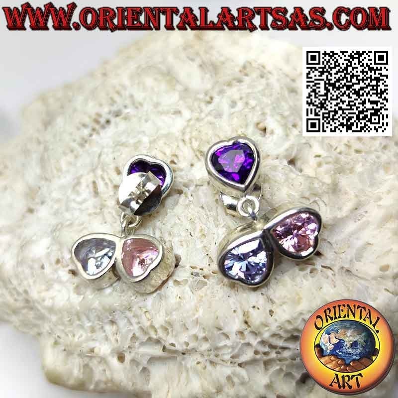 Silver earrings, trio of colored zircon hearts on a smooth setting