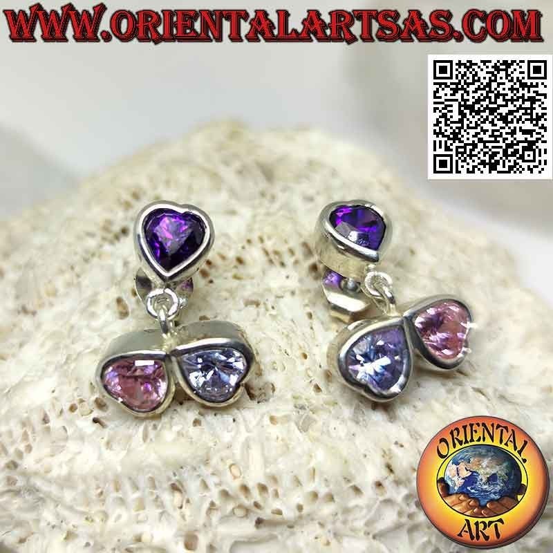Boucles d'oreilles en argent, trio de cœurs en zircons colorés sur une monture lisse