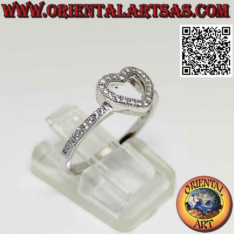 Silver ring with heart contour studded with zircons