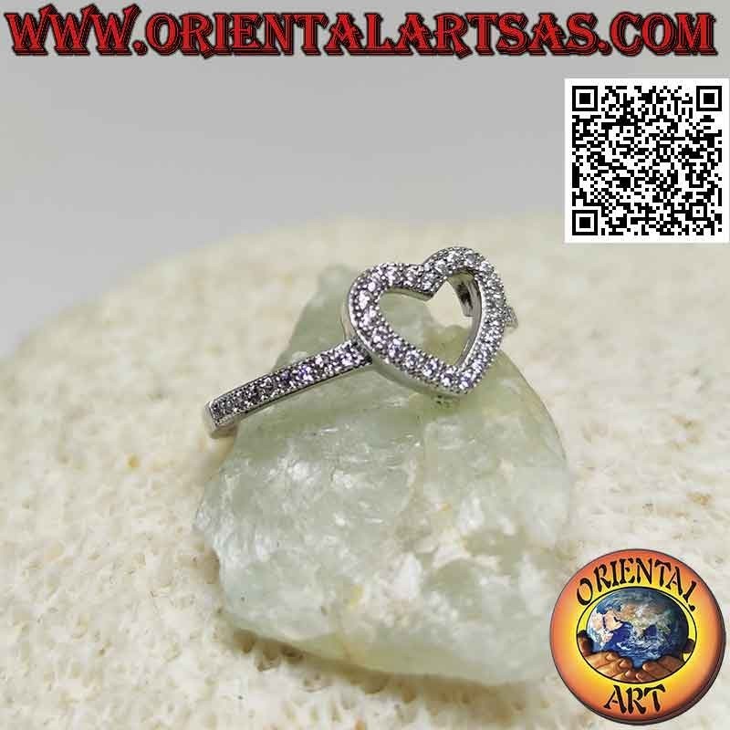 Silver ring with heart contour studded with zircons