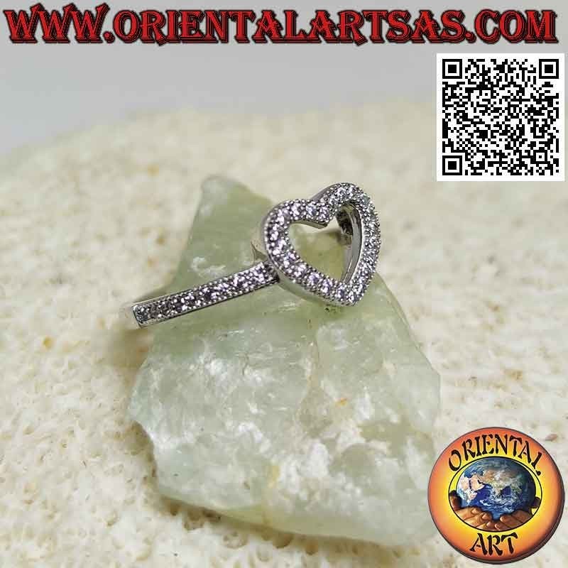 Silver ring with heart contour studded with zircons