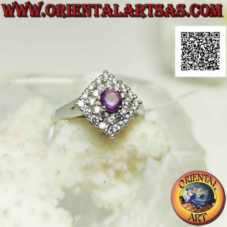925 Argento Silver ring with natural round amethyst on a rhombus square studded with zircons