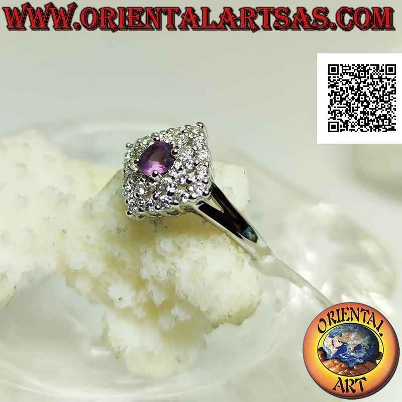 Bague en Argent Argento 925 avec améthyste ronde naturelle sur un carré de losange parsemé de zircons