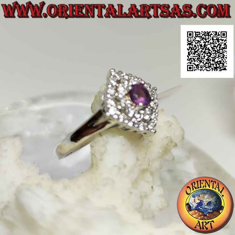 Anillo de plata Argento 925 con amatista redonda natural en un rombo cuadrado tachonado de circonitas