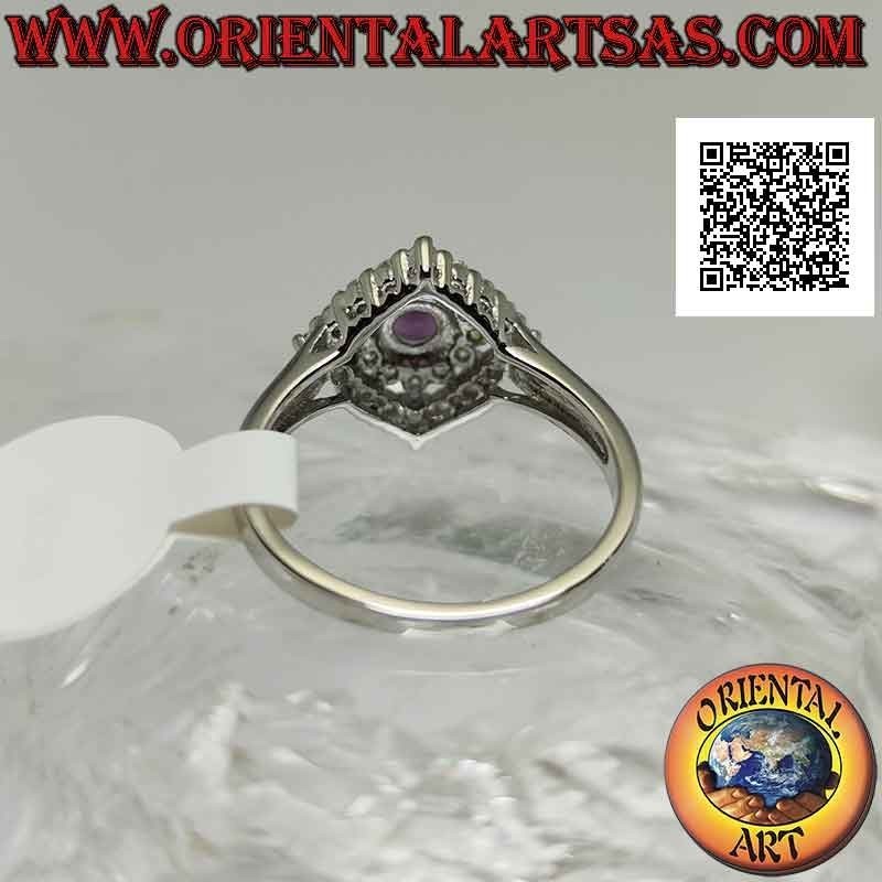925 Argento Silver ring with natural round amethyst on a rhombus square studded with zircons