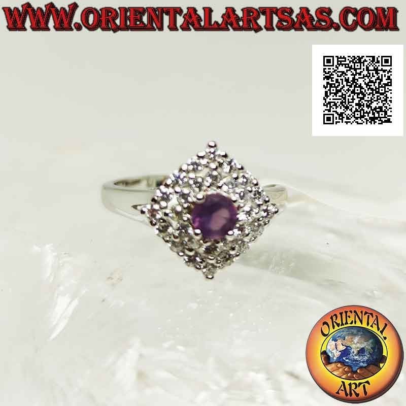 Anillo de plata Argento 925 con amatista redonda natural en un rombo cuadrado tachonado de circonitas