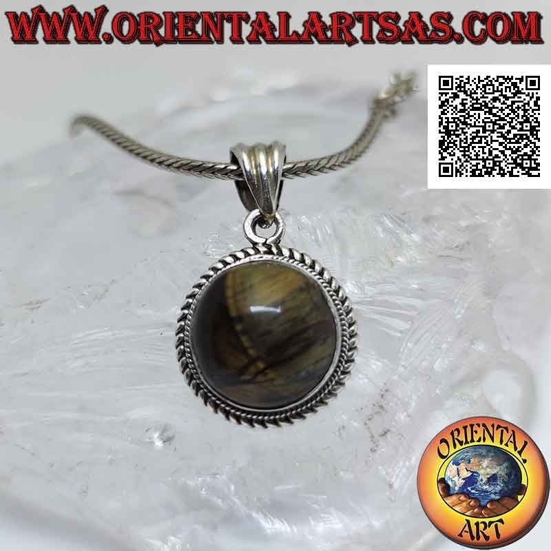 Silver pendant with round striped tiger's eye surrounded by interweaving