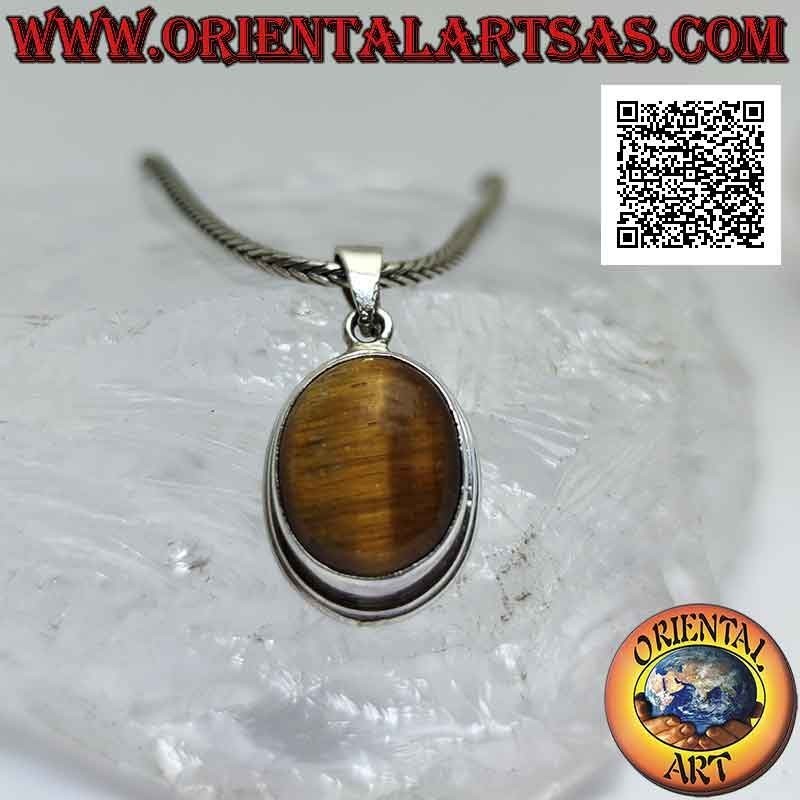 Silver pendant with oval tiger eye with vertical streaks surrounded by a smooth edge