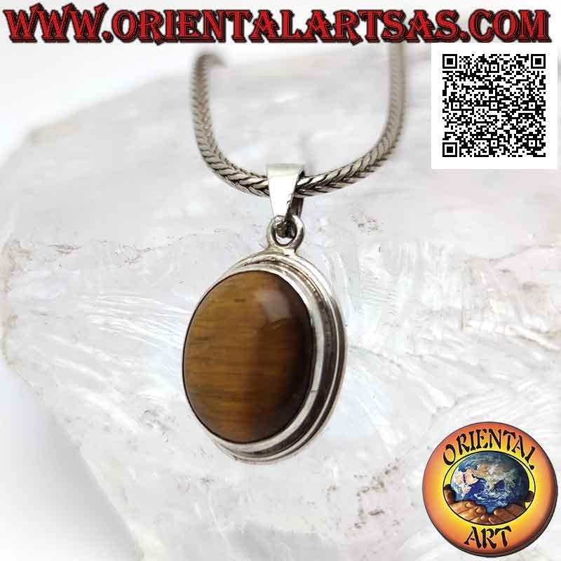 Silver pendant with oval tiger eye with vertical streaks surrounded by a smooth edge