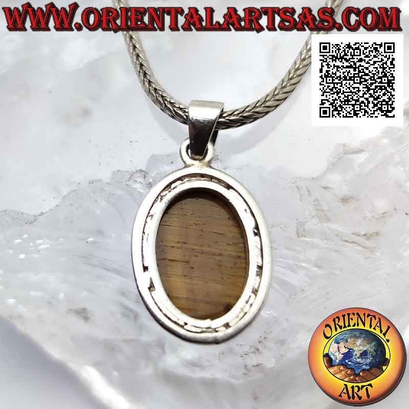 Silver pendant with oval tiger eye with vertical streaks surrounded by a smooth edge