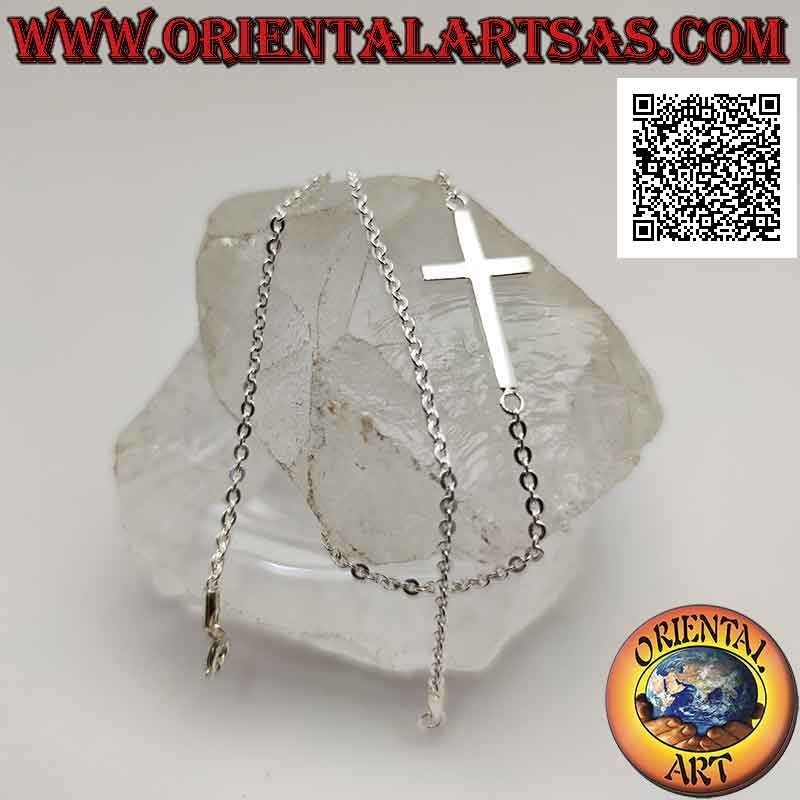 Collar en cadena de plata 925 ‰ con cruz horizontal lisa (cruz nórdica o "Jesús salvando al pueblo") de 46 cm