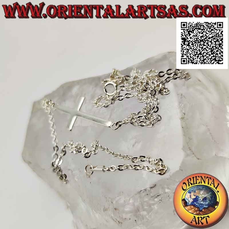 Collar en cadena de plata 925 ‰ con cruz horizontal lisa (cruz nórdica o "Jesús salvando al pueblo") de 46 cm