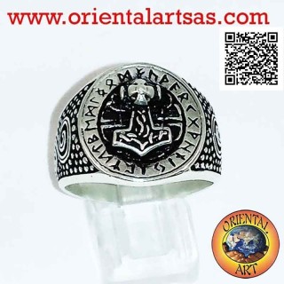 Anello in argento, martello di Thor con rune celtiche