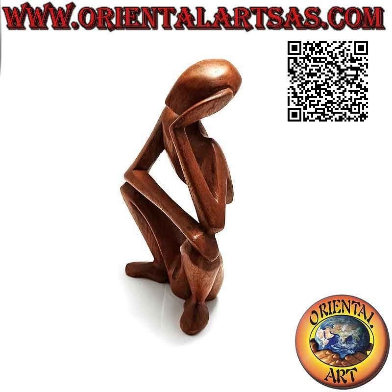 Sculpture "the thinker in squat" in abstract style in suar wood, 15 cm