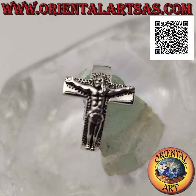 Silver ring with flat smooth band (4 mm.) With embossed crucifix