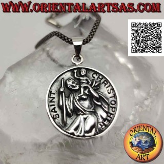Pendentif en argent, médaille sacrée ronde avec Saint Christophe avec bâton et enfant en bas-relief et écriture