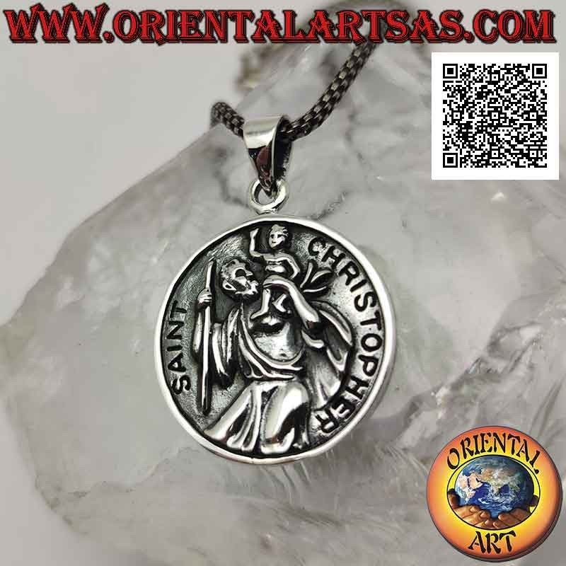 Pendentif en argent, médaille sacrée ronde avec Saint Christophe avec bâton et enfant en bas-relief et écriture