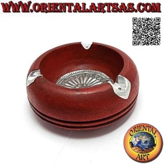 Cendrier rond en bois d'acajou avec plaque en maillechort ou argent (rouge)