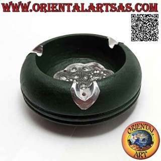 Round ashtray in mahogany wood with nickel silver or silver plate (green)