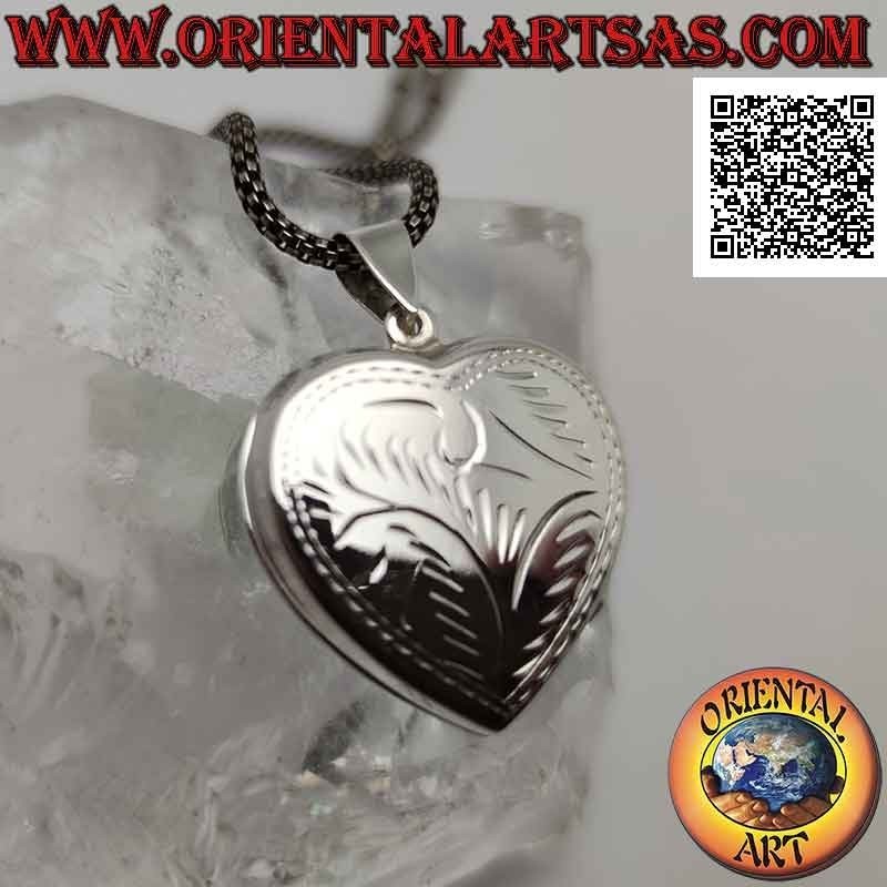 Pendentif photo plat en forme de coeur en argent avec décoration florale incrustée (27 mm)