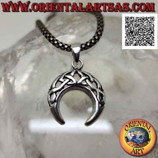 Silberanhänger, Wicca-Halbmond mit nach unten gerichteten Spitzen und durchbrochener Dekoration keltischer Knoten