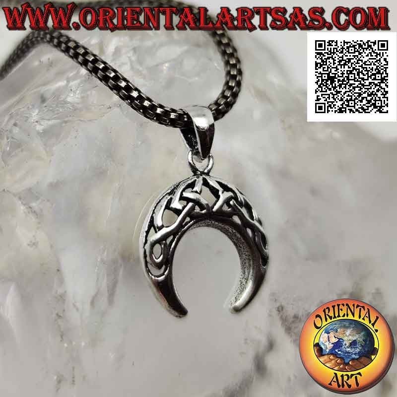 Pendentif en argent, croissant wicca à pointes descendantes et décor ajouré de nœuds celtiques