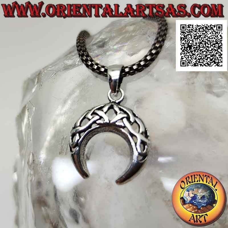 Pendentif en argent, croissant wicca à pointes descendantes et décor ajouré de nœuds celtiques