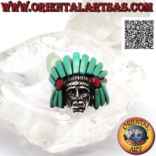 Silver ring, head of Native American Indian sage with turquoise and carnelian headdress and feathers on the sides