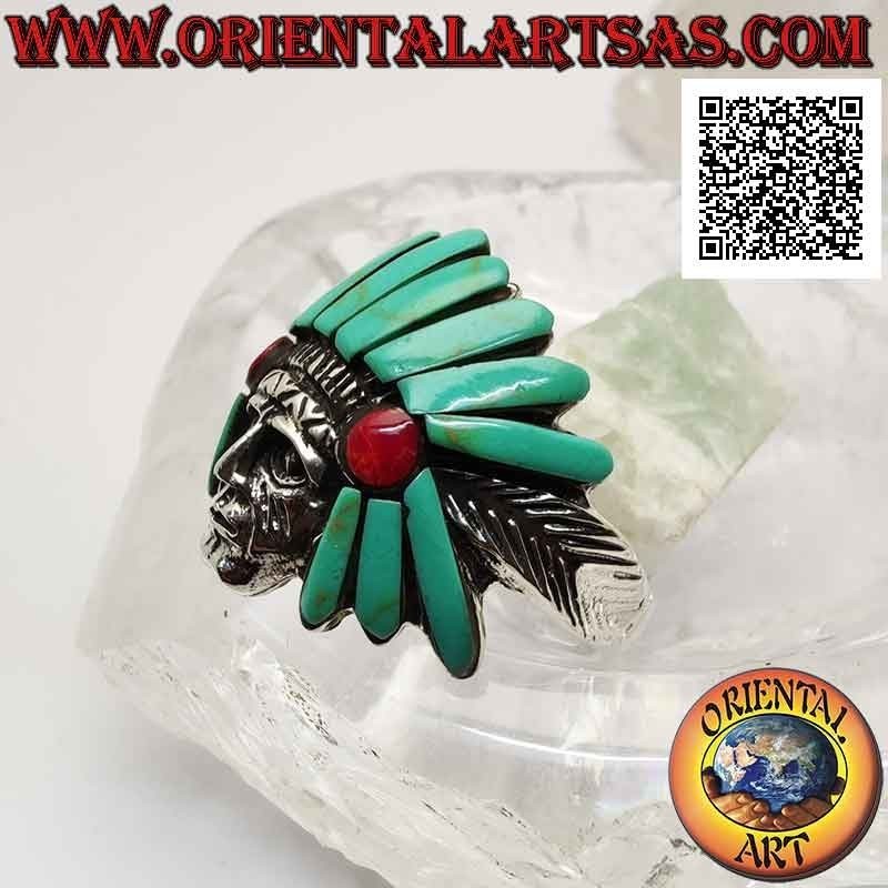 Anillo de plata, cabeza de sabio indio nativo americano con tocado de turquesa y cornalina y plumas a los lados