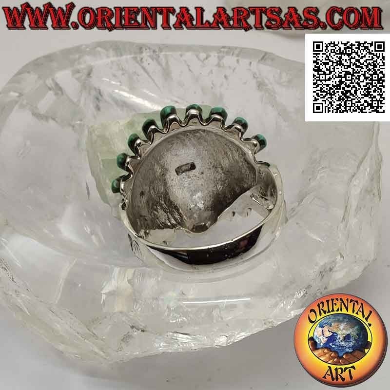 Anillo de plata, cabeza de sabio indio nativo americano con tocado de turquesa y cornalina y plumas a los lados
