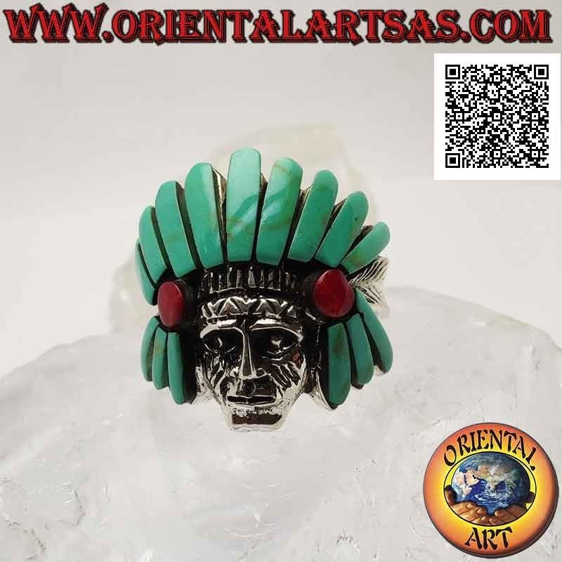 Bague en argent, tête de sauge amérindienne avec coiffe turquoise et cornaline et plumes sur les côtés