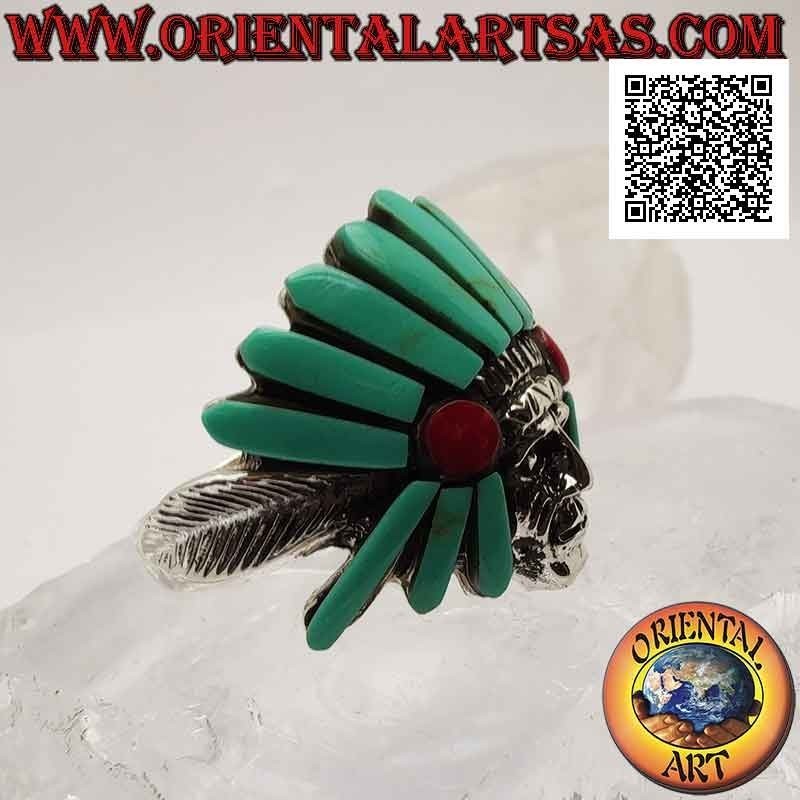 Silver ring, head of Native American Indian sage with turquoise and carnelian headdress and feathers on the sides