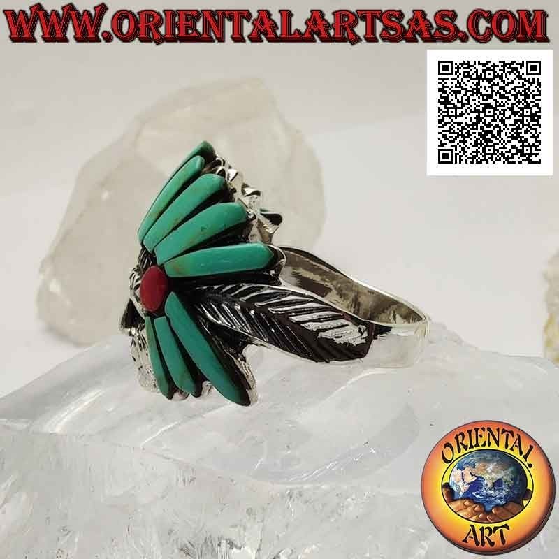 Anillo de plata, cabeza de sabio indio nativo americano con tocado de turquesa y cornalina y plumas a los lados