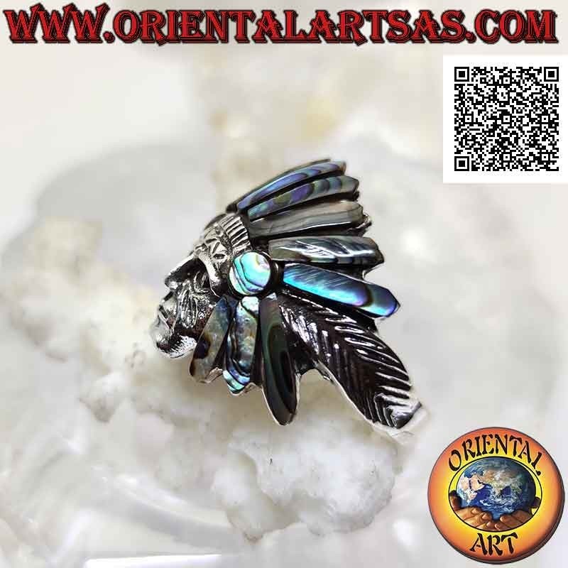 Silver ring, Native American Indian sage head with abalone (paua) headdress and feathers on the sides (A)