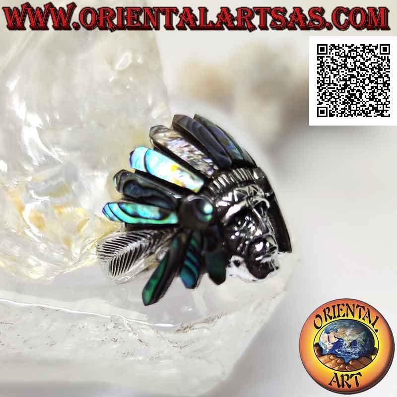 Silberring, indianischer Salbeikopf mit Abalone (Paua) Kopfschmuck und Federn an den Seiten (A)