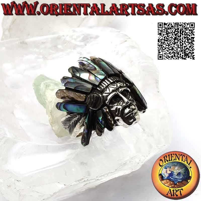 Anillo de plata, cabeza de salvia indígena nativa americana con tocado de abulón (paua) y plumas en los lados (B)