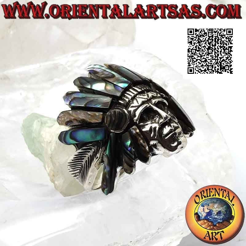 Silver ring, head of Native American Indian sage with abalone (paua) headdress and feathers on the sides (B)