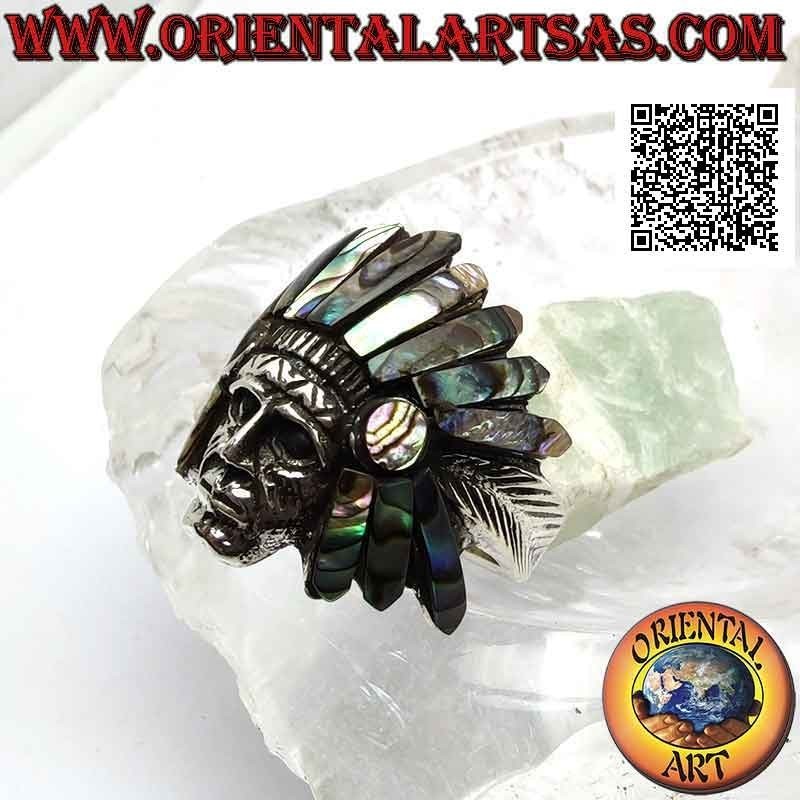 Silver ring, head of Native American Indian sage with abalone (paua) headdress and feathers on the sides (B)