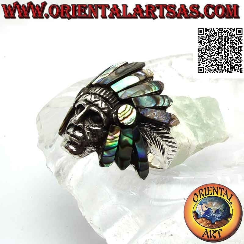 Silver ring, head of Native American Indian sage with abalone (paua) headdress and feathers on the sides (B)