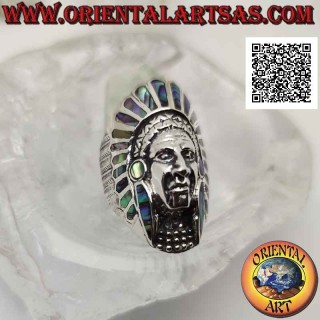 Anillo de plata, cabeza larga y estrecha de indio americano con plumas de abulón (paua)