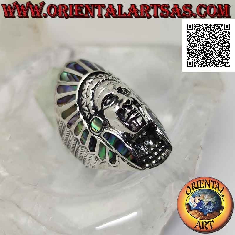 Silver ring, long narrow head of an American Indian with abalone (paua) feathers