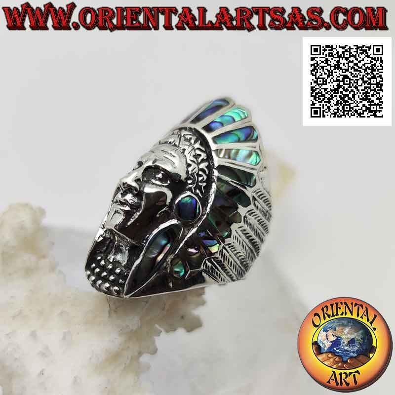 copy of Bague en argent, grosse tête d'Indien d'Amérique avec plumes d'ormeau (paua)