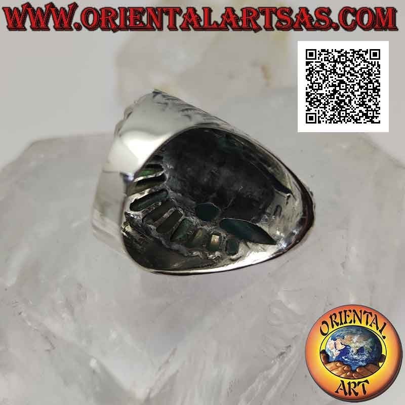 Silver ring, long narrow head of an American Indian with abalone (paua) feathers