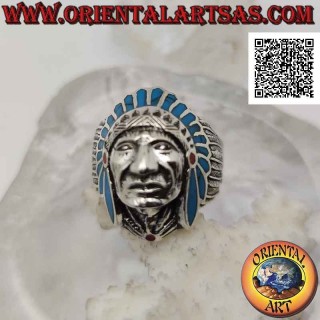 Indianerkopf Silberring mit türkisfarbenen Federn und seitlichem Federband