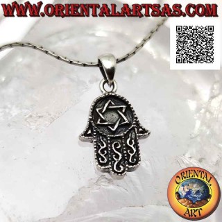 Ciondolo in argento, mano di Fatima Hamsa con stella di David in bassorilievo sul palmo