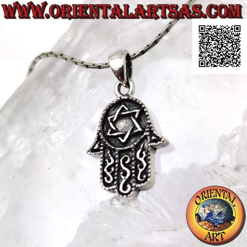 Colgante de plata, mano de Fátima Hamsa con estrella de David en bajorrelieve en la palma