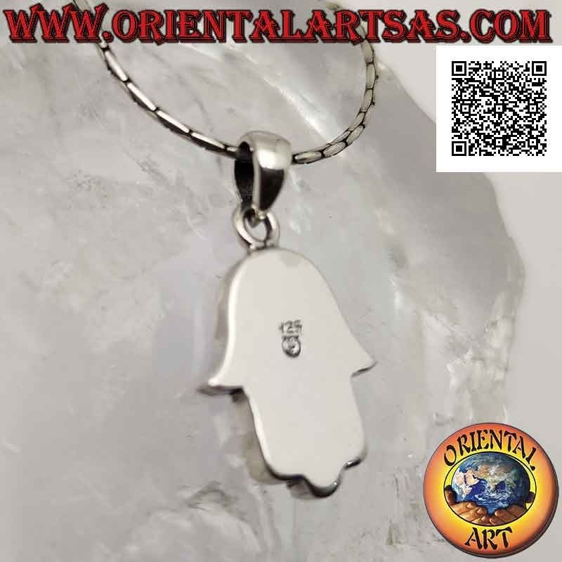 Ciondolo in argento, mano di Fatima Hamsa con stella di David in bassorilievo sul palmo