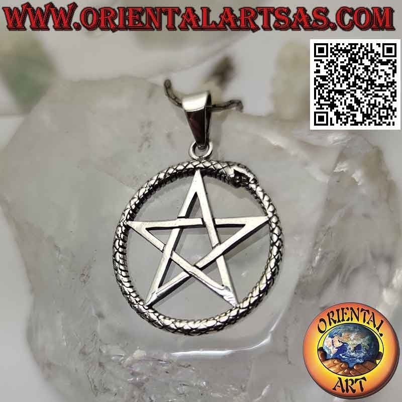 Pendentif en argent, Ouroboros avec pentacle (pointant vers le haut)