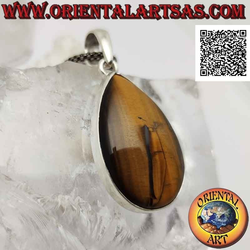 Pendentif en argent avec gros cabochon goutte oeil de tigre sur monture lisse